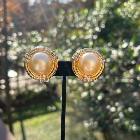 CINER - Large Pearl Rhinestone Statement VTG EARRINGS - Picture 6 of 12